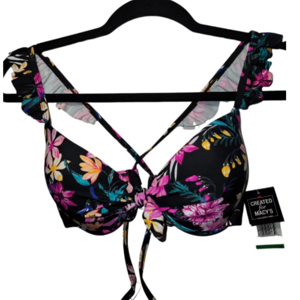 CALIFORNIA WAVES L Mix&Match Black Exotic Tropical Floral Push-Up Bikini Top NWT
